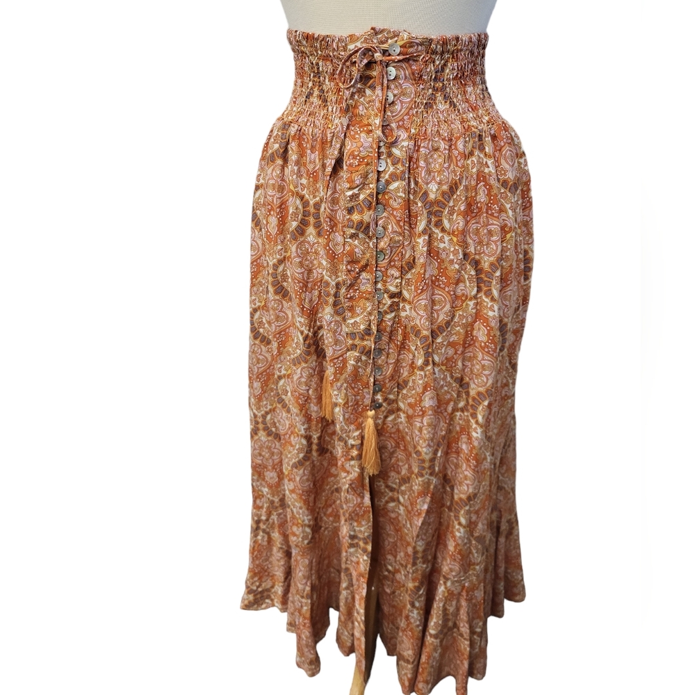 Rachel Zoe: Floral, Smocked High Waist Maxi Skirt, Size Small, Button Up, Orange